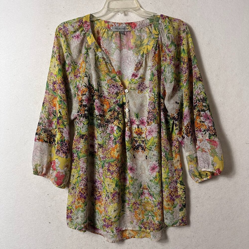 Anthropologie Figueroa & Flower Blouse Top L Boho Tunic Button‎ Up Sheer Floral